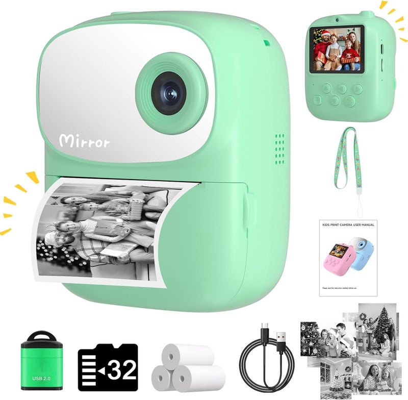 ICONLINK Kids Camera Instant Print for Kids with Mirror, HD Dual-Lens Selfie Digital Camera with 3 Rolls Print Paper & 32GB Card, Holiday Birthday Gifts Toys for Girls Boys Toddler. (Green) - Image 1